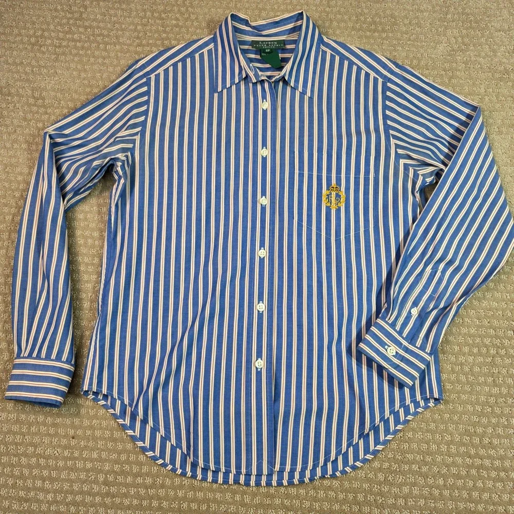 Lauren Ralph Lauren 90s Button Down Shirt Oxford 6P Striped Wreath Crest Logo